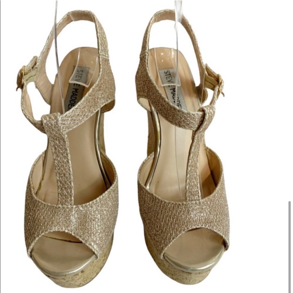 Steve Madden Wedge Cork Metallic Shimmer Strappy Sandal Gold Size 6